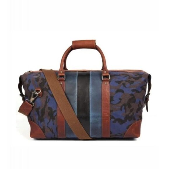 Aaron Leather Other - New Aaron Leather Durham Camouflage Blue Camo Brown Overnight Travel Duffle Bag